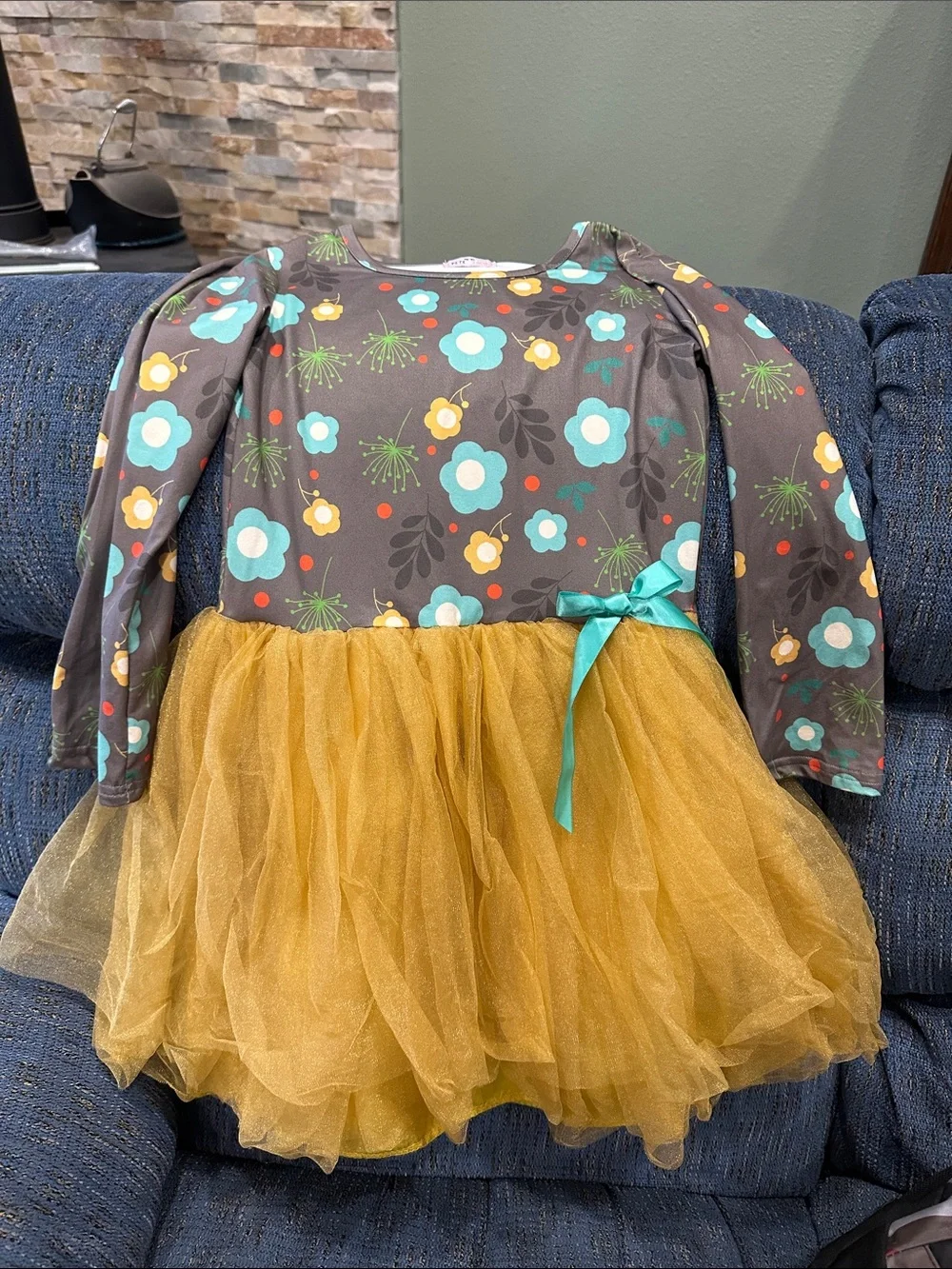 Girls' Floral Gray Dress with Gold Tulle Skirt and Teal Bow